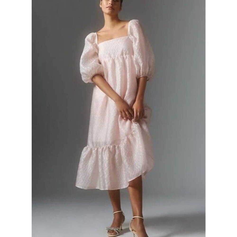 Anthropologie Textured Puff Sleeve Midi Dress Pink Small Renaissance Angelic